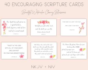 Printable Bible Verse Scripture Cards, 40 Encouraging Bible Verses, Watercolor Cherry Blossom Pretty Bible Cards Bible Memory Cards NKJV NIV