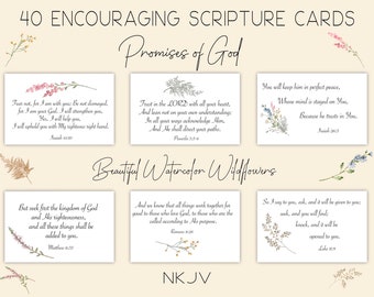 40 cartes bibliques NKJV | promesses de Dieu | Versets bibliques à mémoriser imprimables | Les promesses de Dieu pour les Ecritures | Fleurs sauvages à l'aquarelle