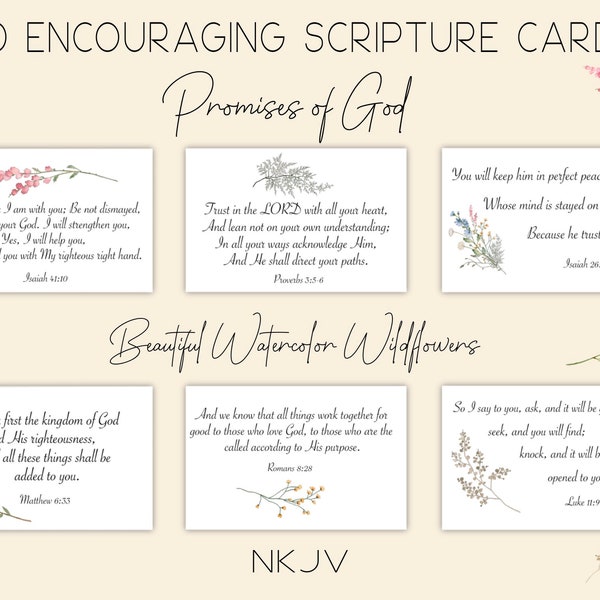 40 NKJV Scripture Cards | Promises of God | Printable Bible Memory Verses | Encouraging Scripture God's Promises | Watercolor Wildflowers