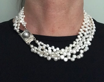 4 Strand Freshwater Pearl and Sterling Necklace w/ Decorative Clasp