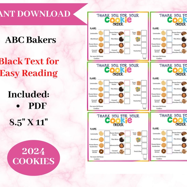 ABC Bakers - Girl Scouts Thank You for Your Girl Scout Cookie Order Receipt Slip - 2024 - Black Text