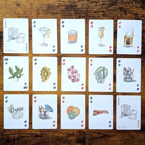 May include: A deck of playing cards with watercolor illustrations of cocktails and garnishes. Each card features a different drink, such as a martini, old fashioned, and a highball. The cards are arranged on a wooden surface.