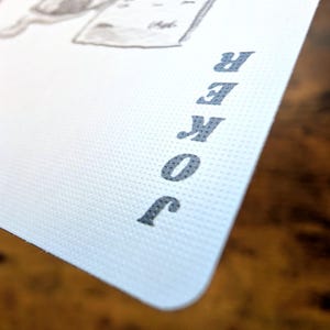 May include: Close-up of a playing card with the word "JOKER" printed vertically in gray letters. The card has a white background with a subtle textured pattern. The corner of the card is visible, with a blurred background.
