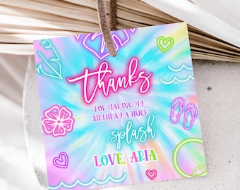 Etiquetas de lembrancinha editáveis para festa de aniversário "Splish Splash", perfeitas para festas com tema de parque aquático, piscina, toboágua e parque aquático.