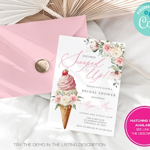 May include: A pink bridal shower invitation with an ice cream cone design, featuring pink and white flowers. The invitation includes the text "She's Been Scooped Up!" and event details. A pink envelope with a gold seal is also present.