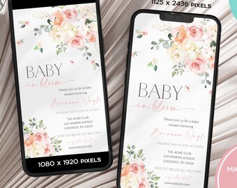 Convite eletrônico editável para chá de bebê "Bebê em Flor", Convite eletrônico com flores, Convite eletrônico com flores silvestres rosa, Convite eletrônico para chá de bebê floral