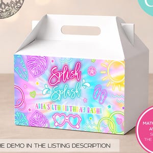 May include: White party favor box with a colorful design featuring the words "Splash Splash" and "Aria's 6th Birthday Bash!" The design includes neon leaves, hearts, sunglasses, and a sun. The box has a handle.