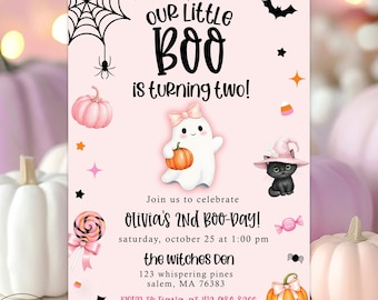 Invito per il nostro piccolo Boo che compie 2 anni, due inviti spettrali per Halloween, secondo compleanno da fantasma, invito per la festa del secondo compleanno da simpatico fantasma rosa