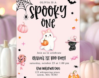 May include: A pink Halloween party invitation with the text "Olivia is a Spooky One." The design includes illustrations of a ghost, a black cat, pumpkins, and sweets. The invitation provides the date, time, and location of the event.