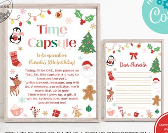 Puede incluir: Dos impresiones enmarcadas con temática navideña. La impresión más grande dice "Time Capsule" con ilustraciones festivas. La más pequeña es una plantilla de carta. Ambas presentan un pingüino, Papá Noel y un reno. El texto incluye "Dear Aureila" y "Try the demo in the listing description."