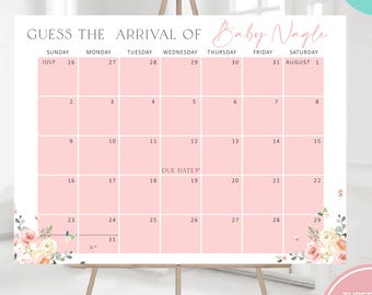 Calendário de Data Prevista para o Parto Editável "Bebê em Flor", Calendário de Data Prevista para o Parto com Flores para Chá de Bebê, Calendário de Data Prevista para o Parto com Flores Silvestres Rosa, Calendário de Data Prevista para o Parto Floral