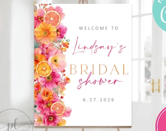 Citrus Orange Bridal Shower Welcome Sign, She Found Her Main Squeeze Welcome Sign Printable Template Instant Download, Bright Citrus Flowers