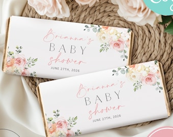 Etiqueta de barra de chocolate editável "Bebê em Flor", Etiqueta de barra de chocolate para chá de bebê com flores, Flor Silvestre Rosa, Etiquetas para barras de chocolate