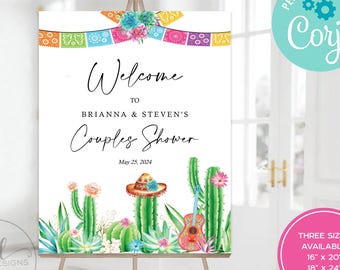 May include: A white welcome sign for a couples shower, featuring the text "Welcome to Brianna & Steven's Couples Shower" with the date May 25, 2024. The design includes cacti, a sombrero, and a guitar. The sign is available in three sizes: 16" x 20", 18" x 24", and 24" x 36".