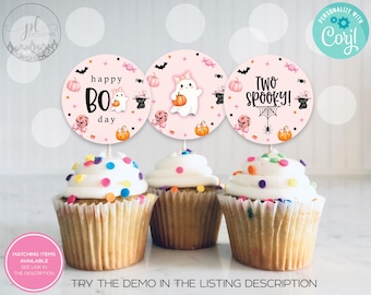 Our Little Boo is Turning 2 Cupcake Toppers, Two Spooky Halloween Cupcake Tags, Ghost 2nd Birthday, Cute Pink Ghost Cupcake Toppers
