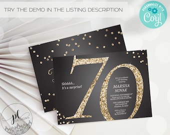 May include: Black and gold 70th birthday invitation with gold glitter details. The invitation features the number 70 in gold glitter, event details, and the text "Shhhhh... It's a surprise!!"