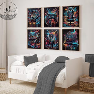 May include: Six framed gaming-themed art prints. Each print features a different gaming element: headphones, a controller, a gaming chair, a computer setup, a mouse, and a laptop. The artwork uses vibrant colors against a black background.