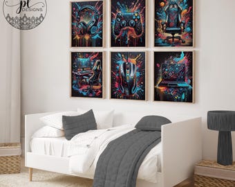 May include: Six framed gaming-themed art prints. Each print features a different gaming element: headphones, a controller, a gaming chair, a computer setup, a mouse, and a laptop. The artwork uses vibrant colors against a black background.