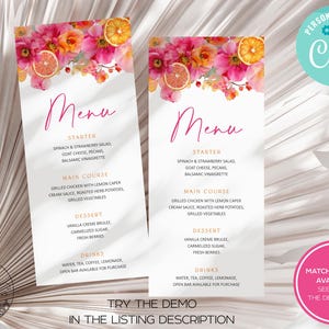 May include: Two menu cards with a floral design at the top, featuring pink and orange flowers and citrus slices. The menu includes starter, main course, dessert, and drink options. The text "Menu" is in a script font.