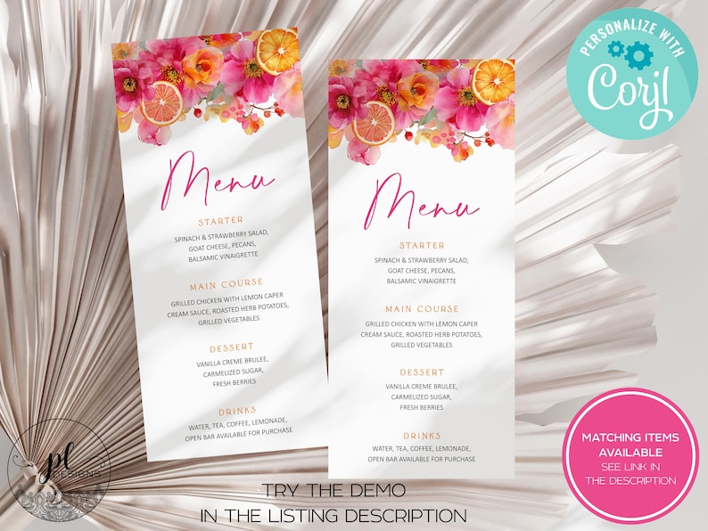 May include: Two menu cards with a floral design at the top, featuring pink and orange flowers and citrus slices. The menu includes starter, main course, dessert, and drink options. The text "Menu" is in a script font.