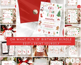 May include: A collection of festive party supplies with a Christmas theme. Includes invitations, signs, tags, and cupcake toppers. The text "Oh What Fun 1st Birthday Bundle" is displayed prominently.