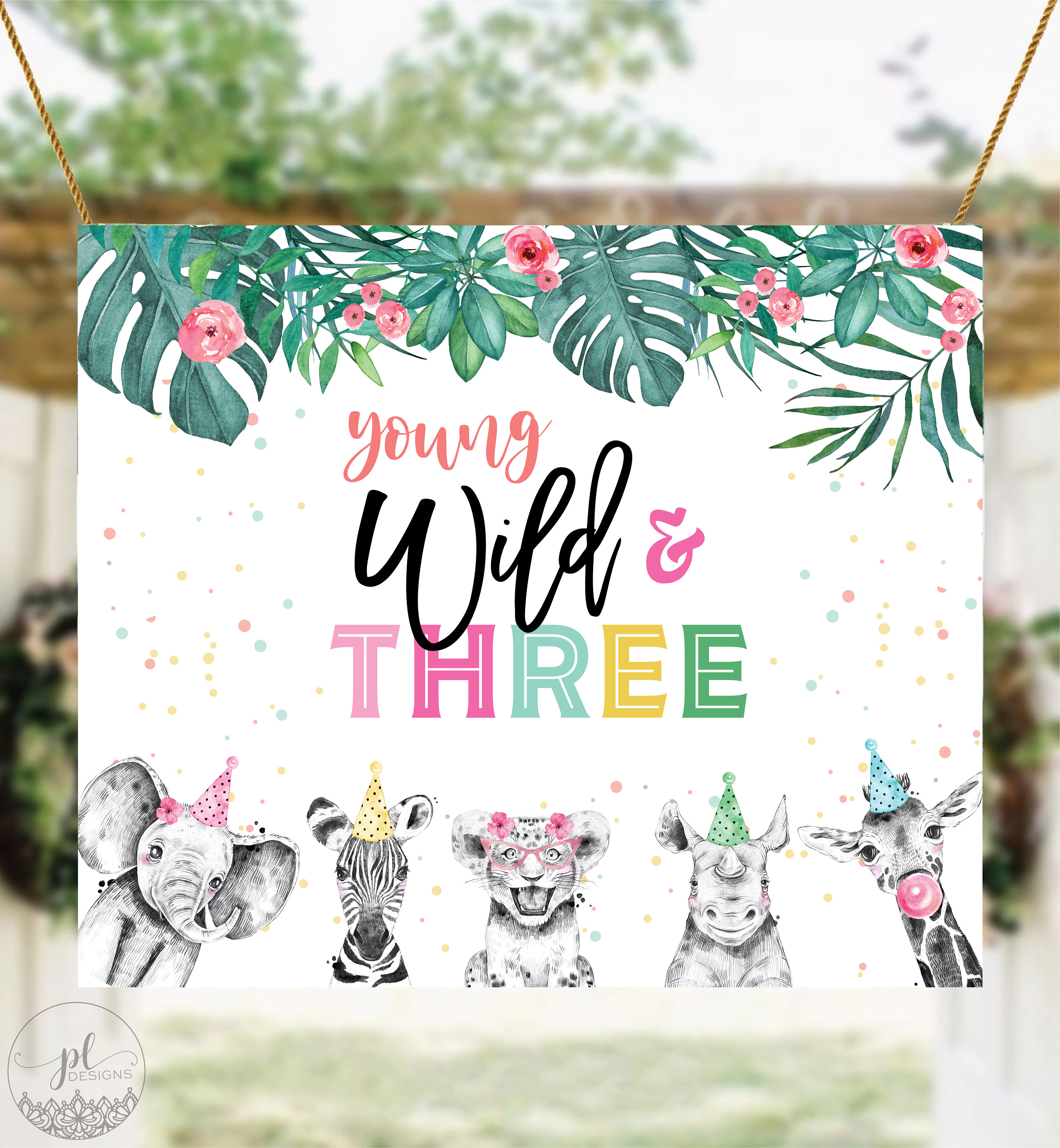 Young Wild & Three Gold Glitter Banner - 3rd Birthday Party Decorations, Happy 3rd Birthday Sign - View #3