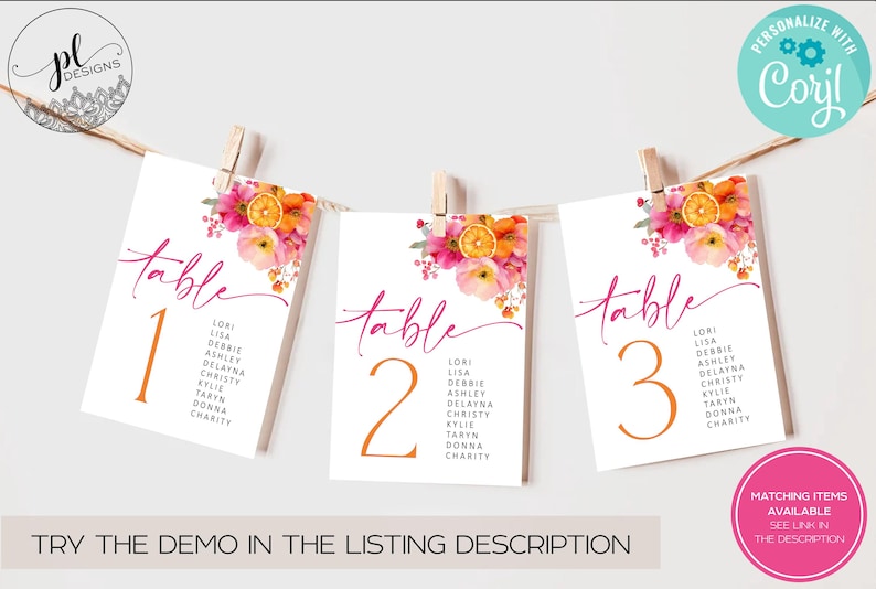 May include: Three white table number cards, 1, 2, and 3, are displayed. Each card features a floral design with pink and orange flowers and a slice of orange. The word "table" is written in pink script.