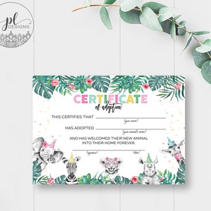 Könnte beinhalten: Ein druckbares Adoptionszertifikat mit Dschungel-Motiv. Das Zertifikat hat einen bunten Titel, "CERTIFICATE of adoption", und Platz zum Ausfüllen des Namens des Adoptierenden und des adoptierten Tieres. Das Zertifikat ist mit tropischen Blättern, Blumen und Tieren verziert, die Partyhüte tragen.