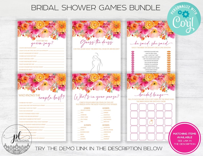 May include: A bridal shower games bundle with six different game cards. Each card has a floral design with pink and orange flowers. The games include "What Does the Groom Say?", "Guess the Dress", and "He Said, She Said".