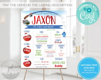 May include: A personalized birthday sign with the name "Jaxon" in red, featuring a fishing theme. The sign includes details like weight (27 pounds), height (32 inches), and favorite things. The text "Try the demo in the listing description" is at the top.