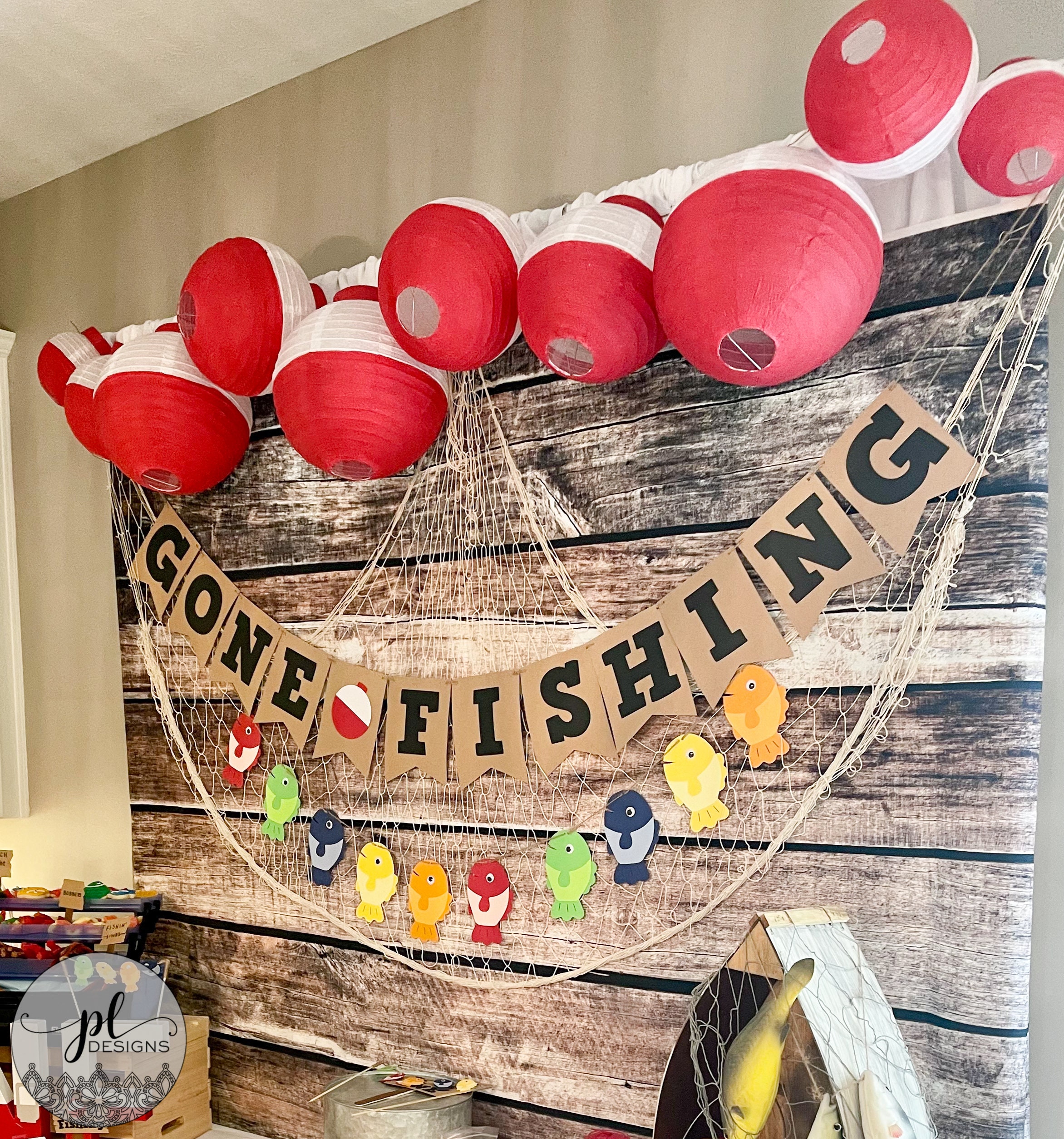 Angel-Geburtstagsparty-Deko Set – Banner, Wirbel, Kuchen-Topper, Wabenbälle Für Angler-Thema