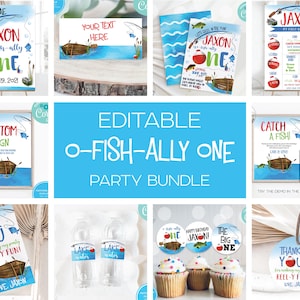 May include: A collection of party supplies with a fishing theme. Includes signs, invitations, cupcake toppers, and water bottle labels. The theme is "O-Fish-Ally One" with a boat and fishing rod design. The color scheme is blue, red, and white.