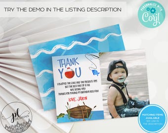 May include: A personalized thank you card with a fishing theme. The card features a red bobber, a blue fish, and a wooden boat illustration. The text reads "Thank You" and includes a message and a name. A photo of a child is also included.