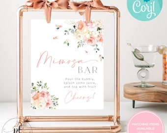 Placa editável para bar de mimosas "Bebê em Flor", Placa para bar de mimosas com tema de chá de bebê, Placa para bar de mimosas com flores silvestres rosa, Placa para bar de mimosas com tema floral para chá de bebê