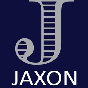 May include: A navy blue background with the word "JAXON" in white text. A large, stylized gray letter "J" is above the word, featuring a ladder-like design within its vertical stroke and a rounded serif.