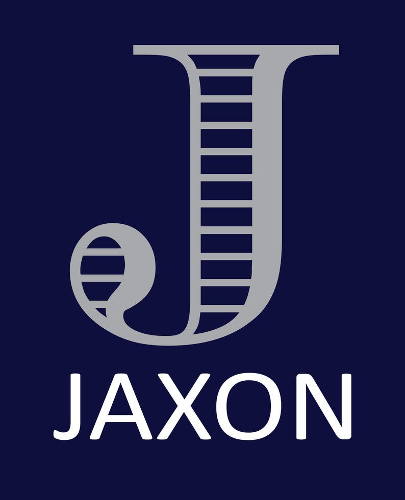 May include: A navy blue background with the word "JAXON" in white text. A large, stylized gray letter "J" is above the word, featuring a ladder-like design within its vertical stroke and a rounded serif.
