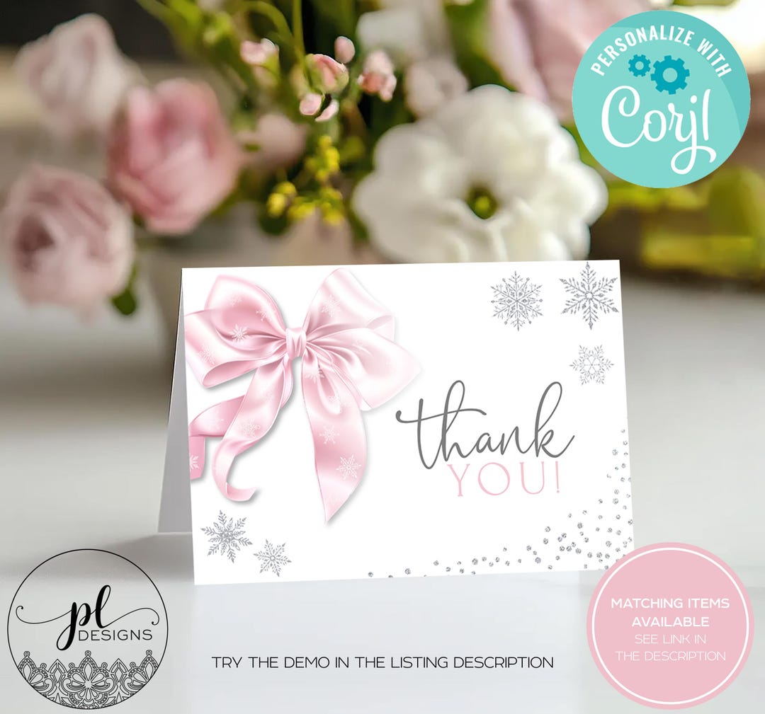 Editable Winter Onederland Thank You Card Pink Bow First Birthday Thank ...