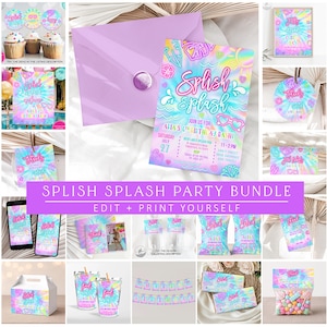 Editable Splish Splash Birthday Bundle, Splash Pad birthday, Pool Party Birthday, Waterslide birthday, Waterpark birthday, Summer Party