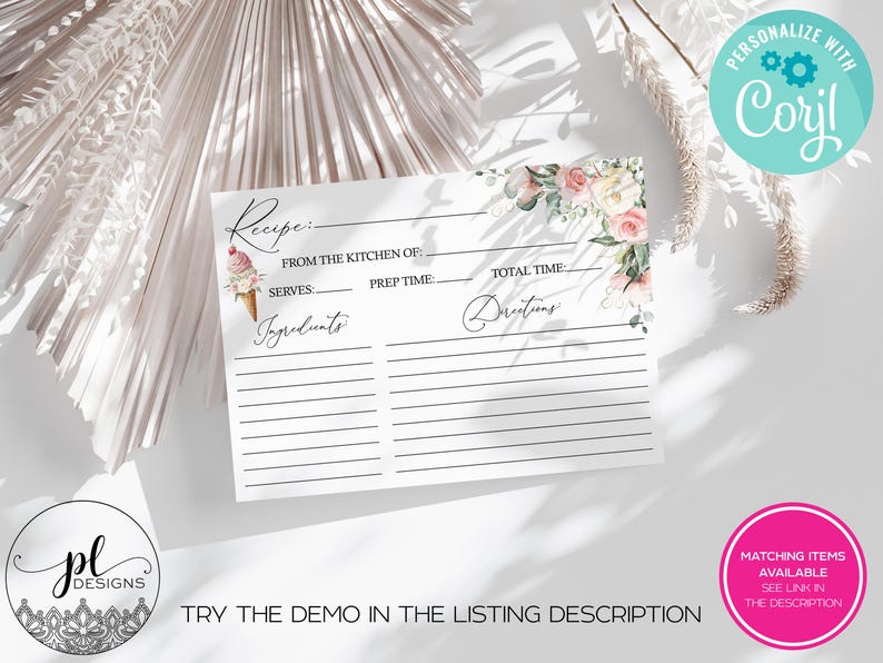 May include: White recipe card with floral accents and an ice cream cone illustration. The card includes fields for ingredients, directions, and prep time. Text on the card reads "Recipe" and "Try the demo in the listing description."