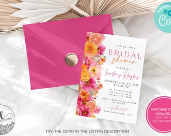 Citrus Bridal Shower Invitation, Main Squeeze Bridal Shower Invitation, Pink And Orange Bridal Shower, Pink Floral and Oranges Shower Invite
