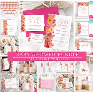 Puede incluir: Un conjunto de artículos de papelería para baby shower con un tema floral rosa. El conjunto incluye invitaciones, letreros y etiquetas. El texto incluye "Baby Shower Bundle", "Books for Baby" y "Thank You".