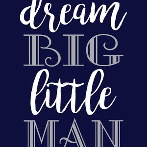 May include: A navy blue background with white cursive text that reads "dream" above "BIG" in a serif font, and "little" above "MAN" in a serif font. The text is a motivational quote.