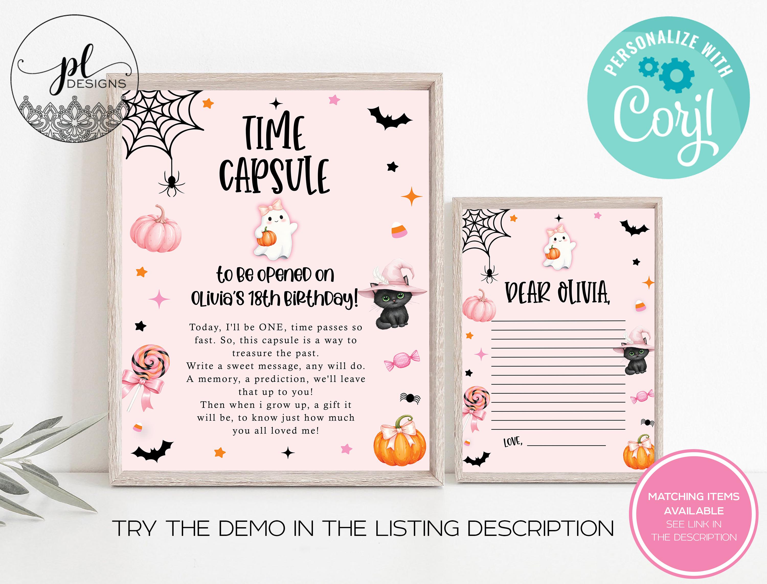 Signe capsule effrayante unique, capsule temporelle Halloween premier anniversaire, deux capsules temporelles Halloween effrayantes, capsule temporell