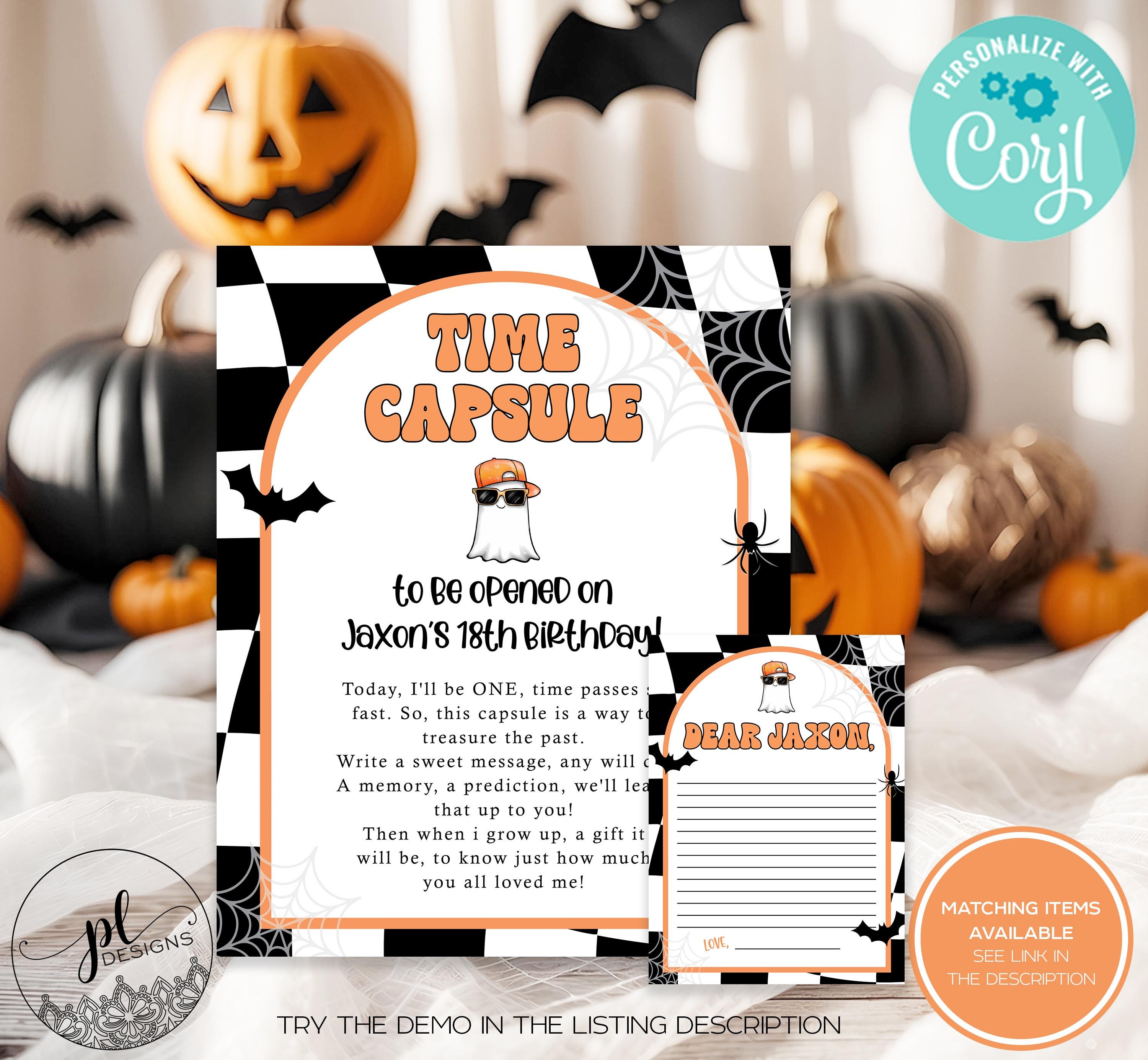 Signe capsule effrayante unique, capsule temporelle Halloween premier anniversaire, deux capsules temporelles Halloween effrayantes, capsule temporell