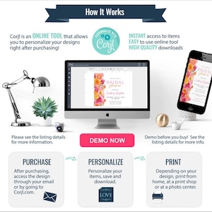 May include: A digital design template displayed on a computer monitor and a smartphone. The text on the screen reads "BRIDAL SHOWER". The image also includes the text "How It Works", "Corjl", and "DEMO NOW".