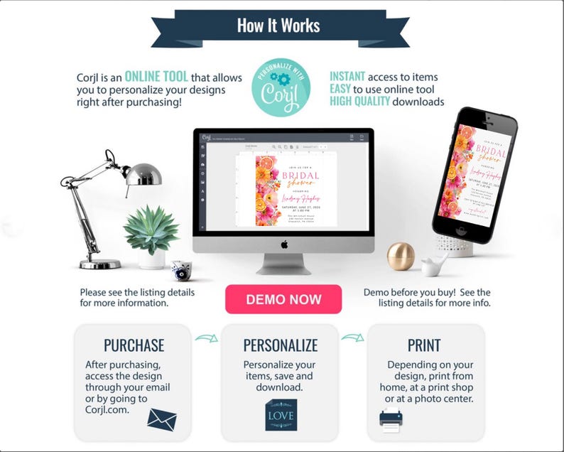 May include: A digital design template displayed on a computer monitor and a smartphone. The text on the screen reads "BRIDAL SHOWER". The image also includes the text "How It Works", "Corjl", and "DEMO NOW".