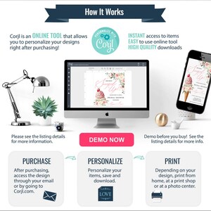 May include: A digital design product advertisement. The image shows a computer and a smartphone displaying a bridal shower invitation. Text includes "How It Works", "Demo Now", and instructions for purchase, personalization, and printing.