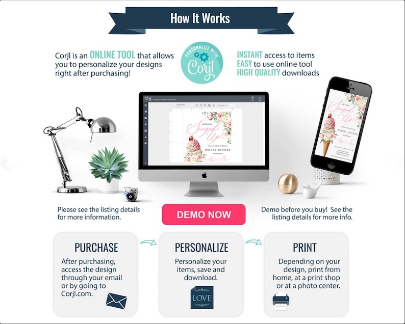 May include: A digital design product advertisement. The image shows a computer and a smartphone displaying a bridal shower invitation. Text includes "How It Works", "Demo Now", and instructions for purchase, personalization, and printing.