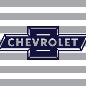 May include: Chevrolet logo in navy blue and silver, set against a background of horizontal gray and white stripes. The word "CHEVROLET" is prominently displayed within the logo's iconic bowtie shape.