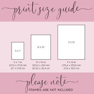 May include: A print size guide with three rectangular examples: 5 x 7 inches, 8 x 10 inches, and 11 x 14 inches. Measurements are also provided in millimeters and centimeters. The text "print size guide" and "please note" are written in cursive.